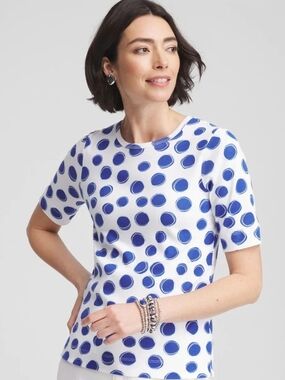 Chico's White Short Sleeve Tee with Blue Dot Print Size XL